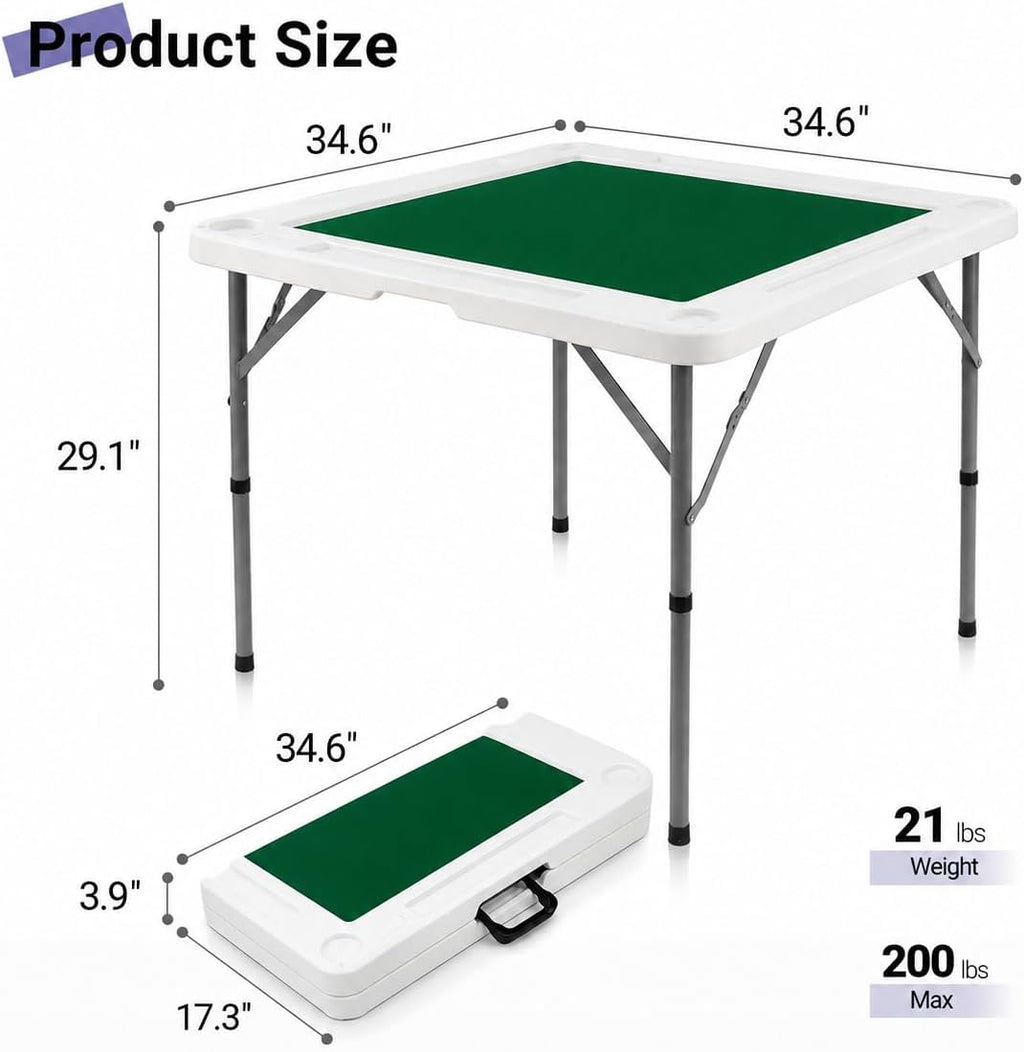 Byliable 34.6" Folding Mahjong Table, Portable Game Table with Cup Holders | Foldable Design, Carry Handle, 4 Cup Holders, 4 Storage Slots, HDPE Tabletop, Steel Legs, Quiet Playing Mat