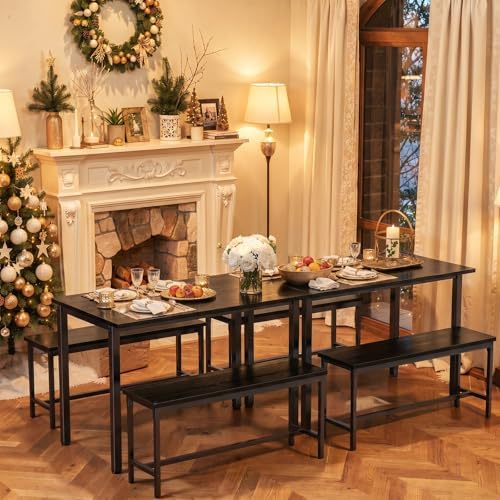 Dining Table Set for 4, Kitchen Table with 2 Benchs, Black