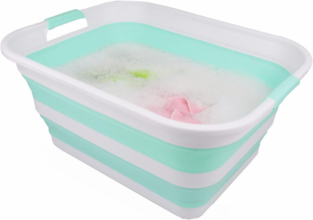 SAMMART 42L Collapsible Plastic Laundry Basket - Foldable Pop Up Storage Container/Organizer - Portable Washing Tub - Space Saving Hamper/Basket (White/Light Green, 1)