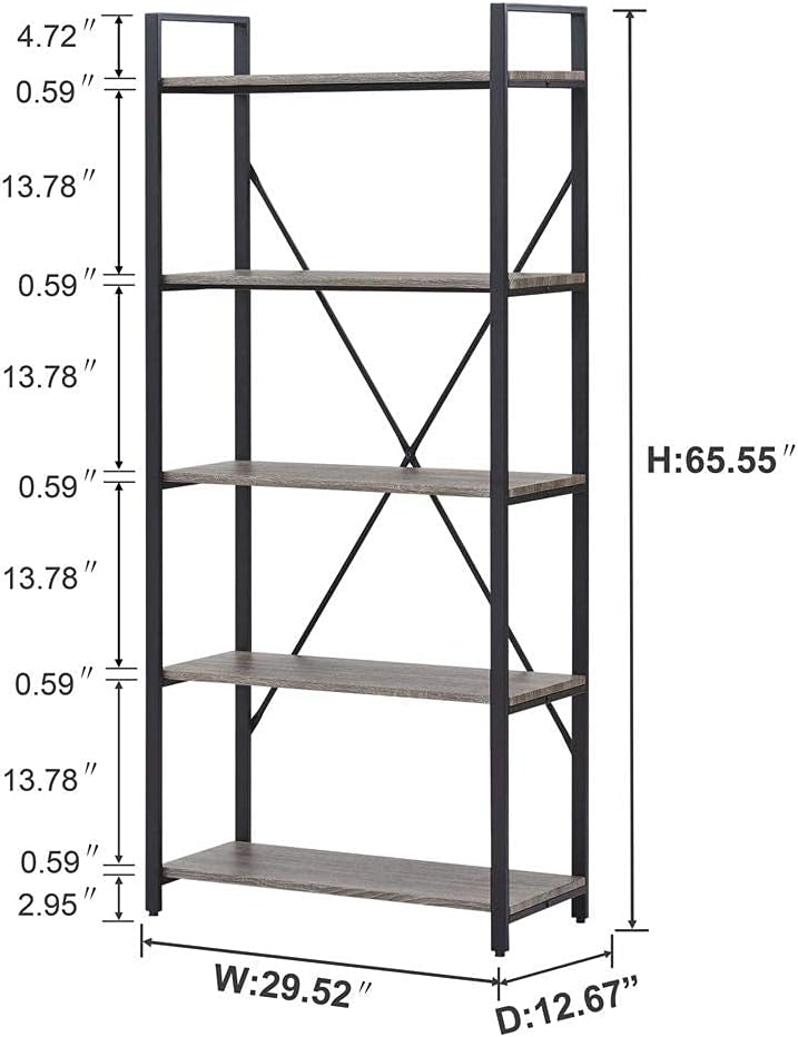 Industrial Bookshelf, Etagere Bookcases and Book Shelf 5 Tier Shelves, Grey W...