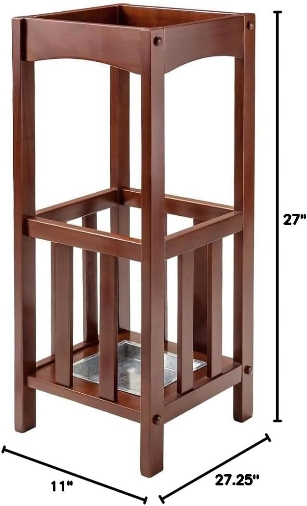 Rex Umbrella Stand with Metal Tray Walnut Functional Umbrella Stand for Entryways Hallways or Offices Solid Wood Construction Convenient Storage for Umbrellas Walking Sticks or Cane Sleek