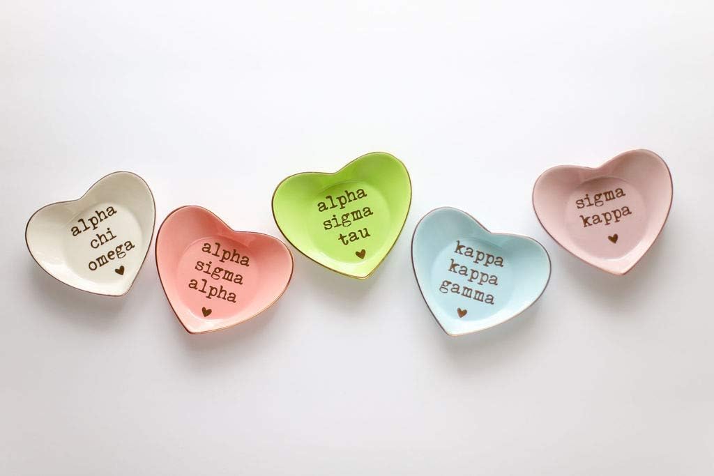 Alpha Delta Pi Jewelry Dish, Heart-Shaped High-Gloss Finish Ceramic Tray with Gold Detailing, Multi-Function Ceramic Ring Dish for Home or Office, Ideal for Jewelry and Keys (Pack of 2)