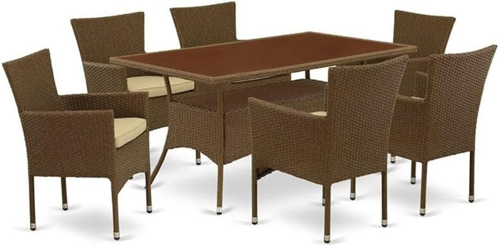 East West Furniture OSBK7-02A 7 Piece Outdoor Wicker Patio Furniture Sets Consist of a Rectangle Bistro Table with Glass Top and 6 Balcony Armchair with Cushion, 36x60 Inch, Brown