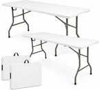 Set of 2 Folding Table 6 FT Lightweight Camping Table White Portable Plastic Rectangular Outdoor Dining Table Steel Legs Fold-in-Half with Carrying Handle for Indoor,Picnic,Party,Wedding,Events