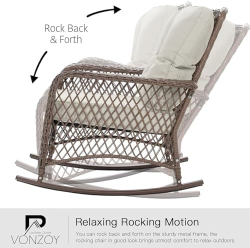 Patio Furniture Set 3 Pieces, Wicker Outdoor Rocking Bistro Set, Pale White