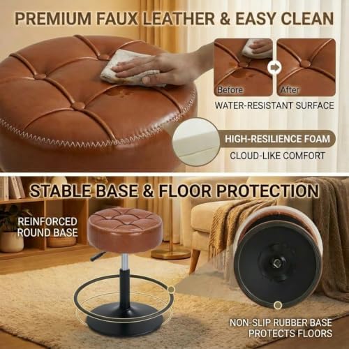 Adjustable Vanity Stool with Round Seat, 360° Swivel Faux Leather Makeup Chai...