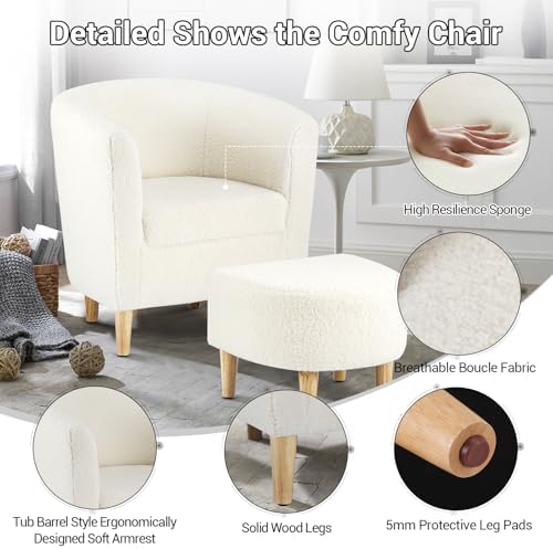 DAZONE Sherpa Accent Chair with Ottoman White Fluffy Teddy Barrel Armchair | ...