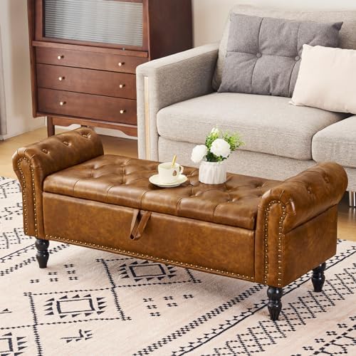 Furniliving Storage Ottoman Bench, Leather Benches End of Bed Bench with Soli...