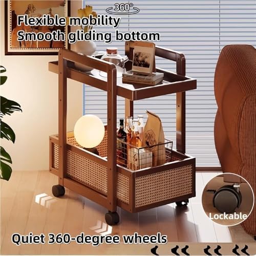 Modern 2-Tier Bamboo Rolling Side Table with Rattan, Stylish Coffee Table on ...