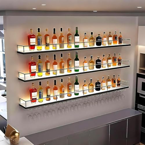 Metal Wall Mounted Wine Rack with LED Light, 3 Tiers Liquor Bottles Floating ...