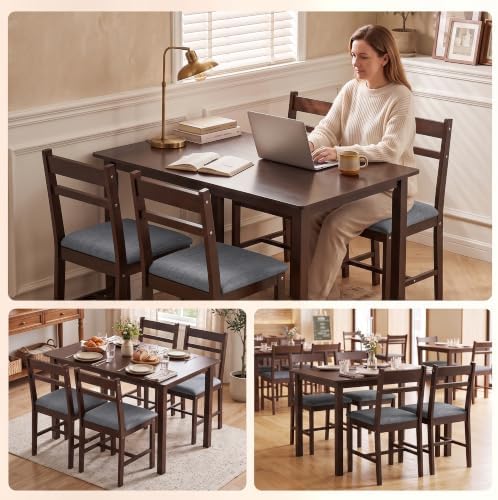 HOMCOM 5-Piece Solid Wood Dining Table Set for 4, Walnut and Gray