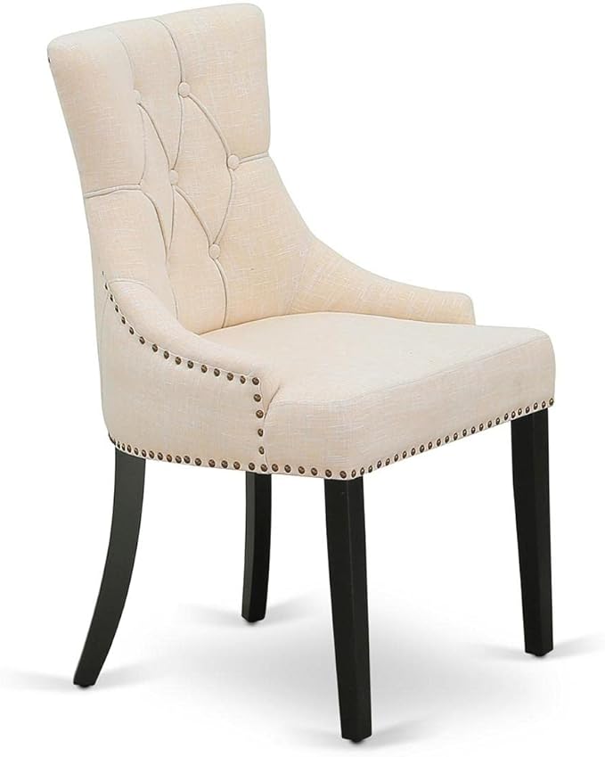 East West Furniture FRP1T02 Friona Parson Dining Room Chairs - Button Tufted Nailhead Trim Light Beige Linen Fabric Padded Chairs, Set of 2, Black