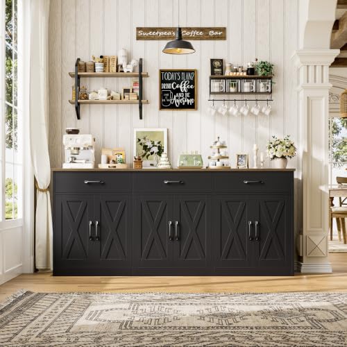 HOSTACK 71"W Farmhouse Kitchen Sideboard Buffet Cabinet with Storage, Black