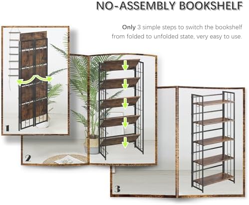 4NM No Assembly 5 Tiers Folding Bookshelf, 59.4" H Foldable Storage Shel...