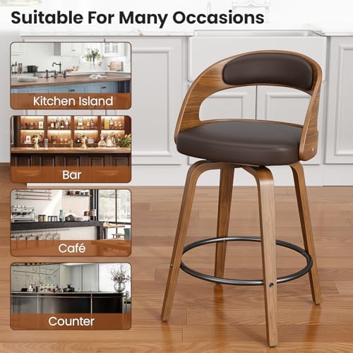 REONEY Swivel Bar Stools Set of 3, 26" Counter Height, Brown | Walnut Wo...