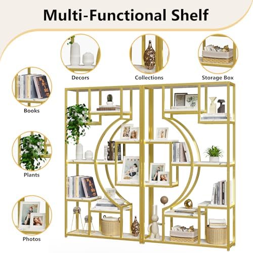 HolliWill Modern Book Shelf, White and Gold Bookshelf, 70.8 Inch Tall Etagere...