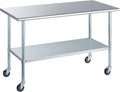 ROCKPOINT Stainless Steel Table for Prep & Work with Caster Wheels 30x60 Inches, NSF Metal Commercial Kitchen Heavy Duty Table with Adjustable Under Shelf and Table Foot for Restaurant, Home and Hotel