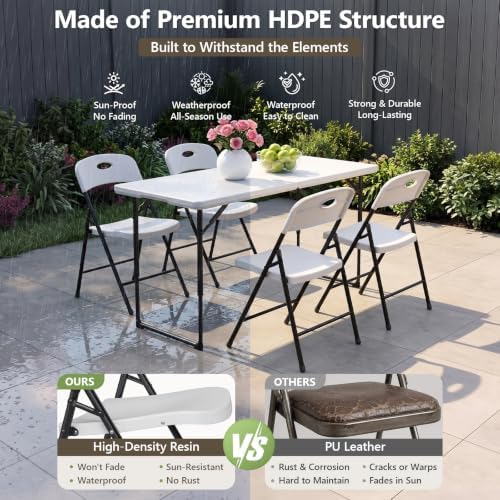 4FT Adjustable Height Folding Table and Chairs Set for 4, Heavy Duty Plastic ...