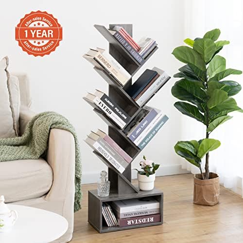Yoobure Tree Bookshelf - 6 Shelf Retro Floor Standing Bookcase, Tall Wood Boo...