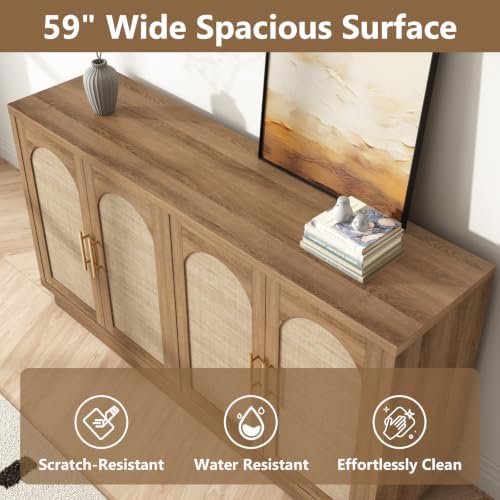 HOKYHOKY 59" Rattan Sideboard Buffet Cabinet with Storage, 4 Arched Doors