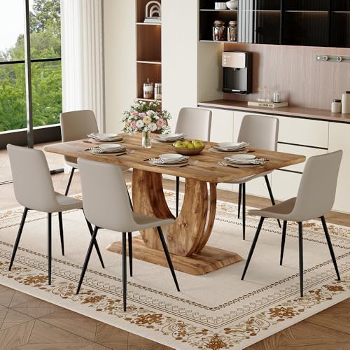 Modern Dining Table Set for 6, 63" Wood Kitchen Table with 6 PU Leather ...
