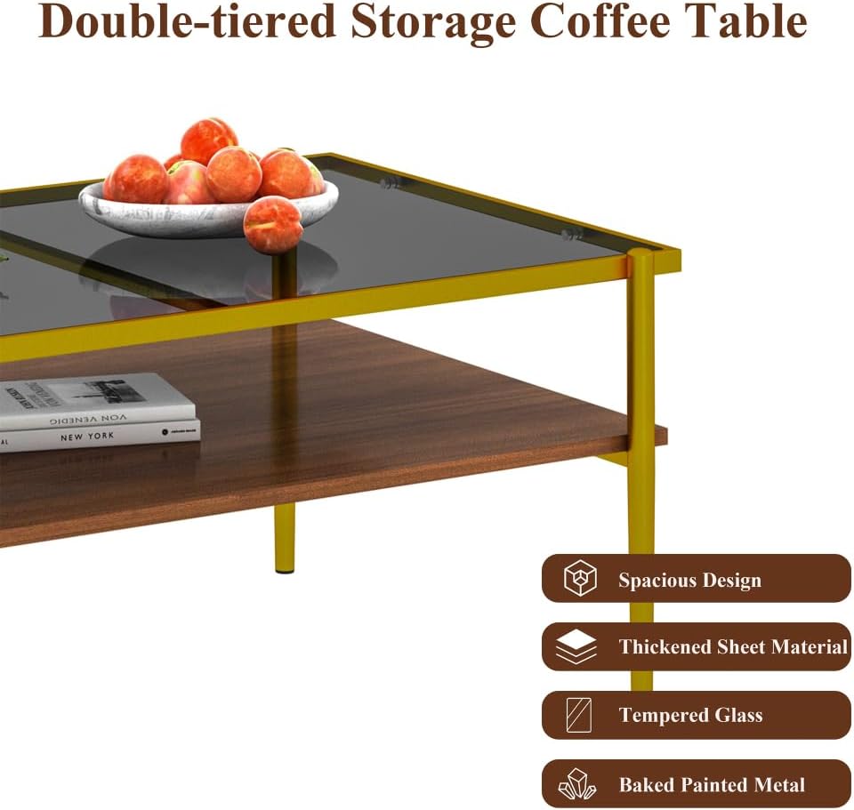 Rectangle Coffee Table with Gray Tempered Glass Top and Golden Legs, Modern T...