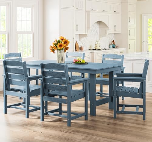 SERWALL 7 Pcs Outdoor Dining Set, 67" HDPE Dining Set for 6, Blue