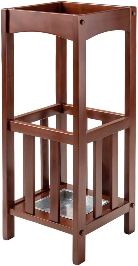 Furnifact Umbrella Stand with Removable Metal Tray, Solid Wood Frame, Tall Accent Table, Walnut Finish, Entryway Storage