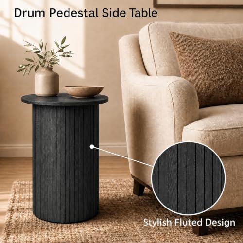 GIANTEX Round Fluted Side Table Set of 2, Drum Pedestal End Tables, Black