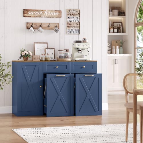 HOSTACK 12.5 Gallon Trash Can Cabinet, 47" W Dual Garbage Can Cabinet, Blue