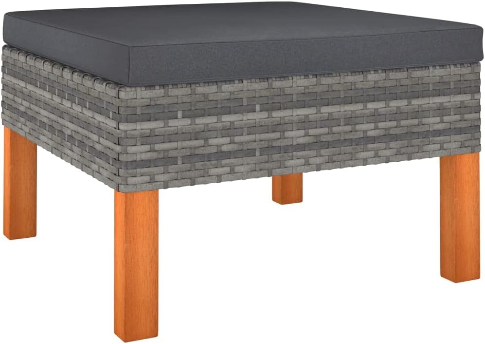 vidaXL Outdoor Footstool - Gray Poly Rattan and Solid Eucalyptus - Steel Fram...
