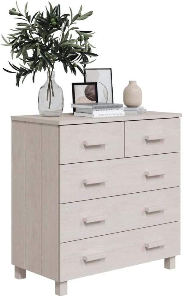 Modern White Sideboard with Sliding Doors and Five Drawers, Solid Pinewood an...
