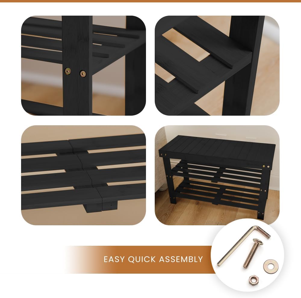 Leaf & Grain Bamboo Shoe Rack - Shoe Storage Bench for Front Door Entrance – Entryway Bench with Shoe Shelf, Shoe Storage Organizer, Wooden Shoe Rack, Durable Shoe Bench for Home (Black)