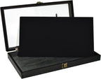 MOOCA Wooden Jewelry Display Case, Pocket Knife Display Case with Tempered Glass Top Lid and Removable Black Luxurious MDF Velvet Jewelry Pad, Black Color