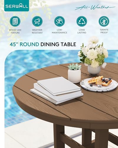 SERWALL 5-Piece HDPE Round Dining Set, 45" Table, 4 Chairs, Brown