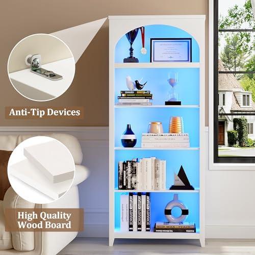 Arched Bookshelf with LED Lights, 70" White Bookcase for Bedroom