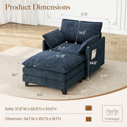 Accent Sofa Chair with Storage Ottoman, Cloud Sigle Couch with Side Pocket fo...