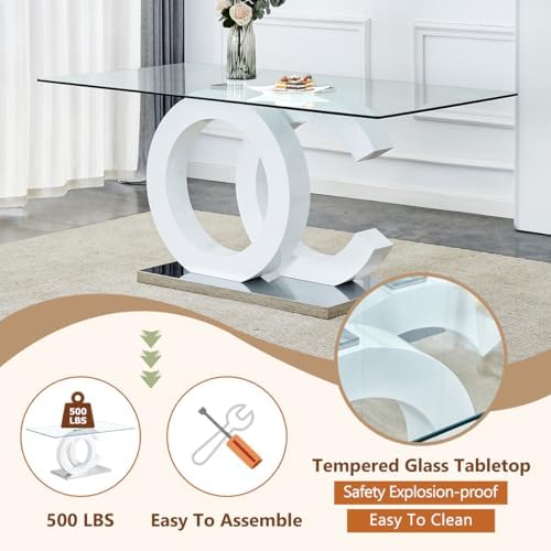 gopop Dining Table Set for 6, 7-Piece Glass Table with 6 PU Leather Chairs | ...