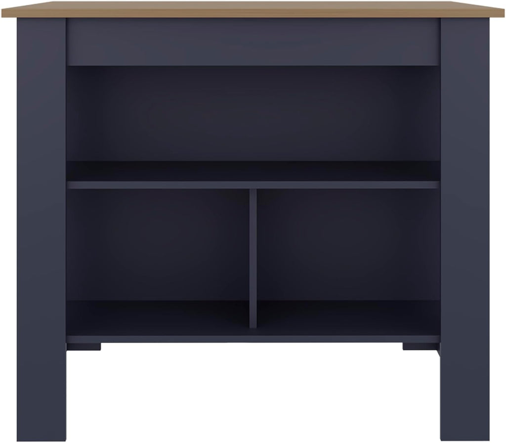 Cala Kitchen Island with Three Open Shelves, Particle Board Meal Prep Organizer with Wide Top Surface, Navy Blue