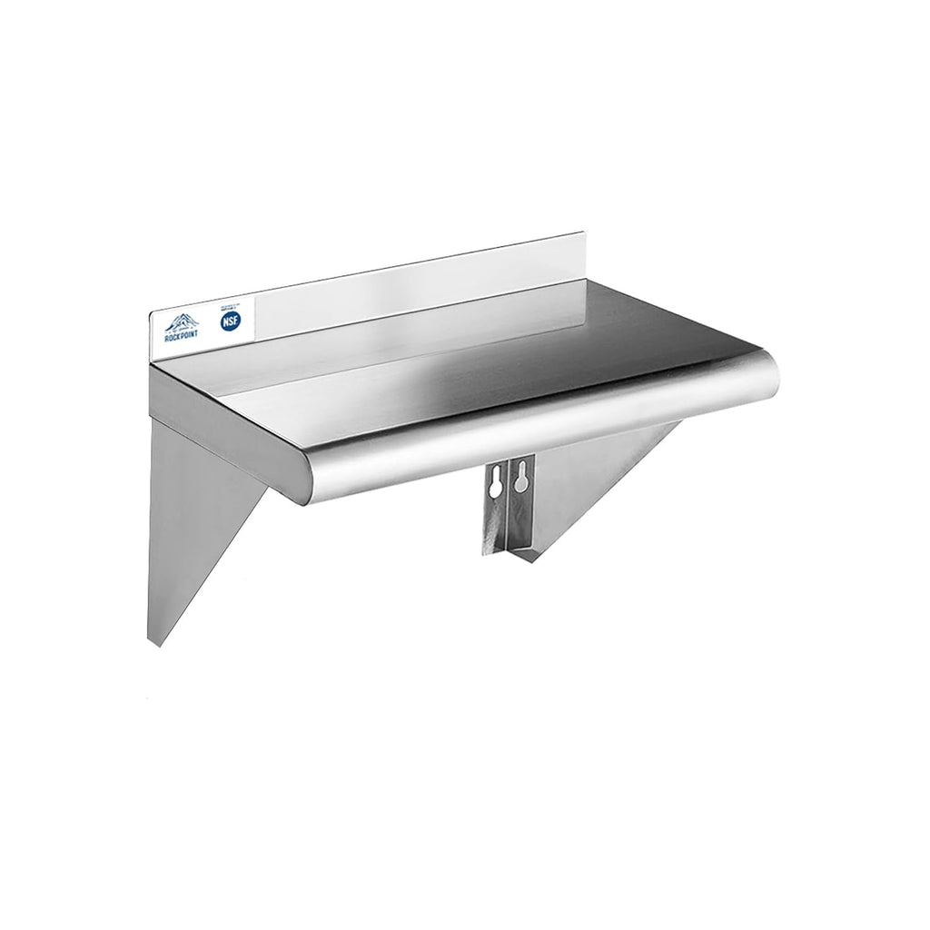 ROCKPOINT Stainless Steel Shelf 10 x 16 Inches 190lb, NSF Metal Commercial Shelves Wall Mount Floating Shelving with Backsplash for Restaurant, Kitchen, Home and Hotel, Silver