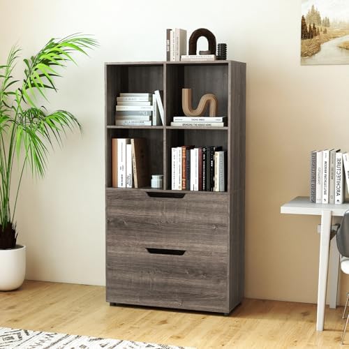 GIANTEX Bookshelf with 4 Cubes & 2 Drawers, 51” Tall Floor Bookcase with ...