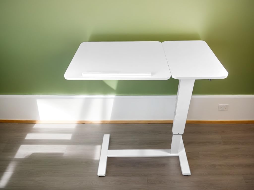 Overbed Desk with Wheels, Height Adjustable Rolling C Shaped Side Table with Tilting Top, Mobile Laptop Stand for Bed Couch Sofa, Bedside Table for Small Space Work from