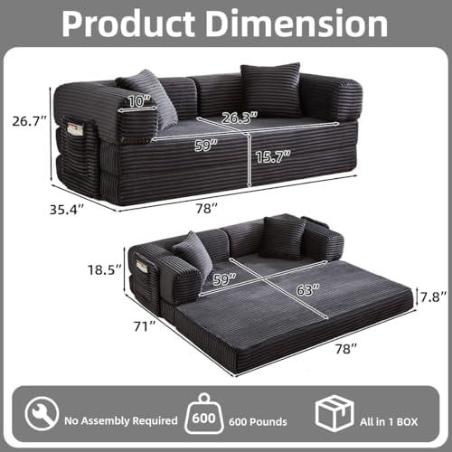 81 Inch Convertible Futon Sofa Bed,Fold Out Floor Sofa Couch with Fixed-Shape...