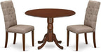 East West Furniture DLEL3-MAH-16 3 Piece Kitchen Table Set Contains a Round Dining Room Table with Dropleaf and 2 Dark Khaki Linen Fabric Upholstered Chairs, 42x42 Inch, Mahogany