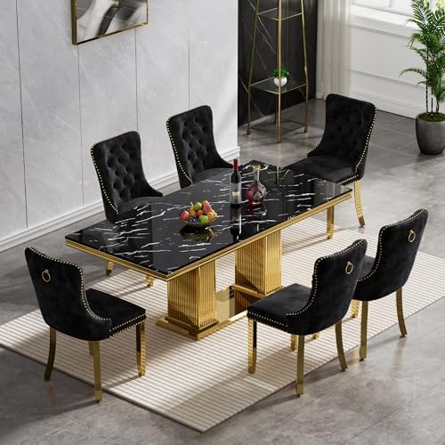 7-Piece Dining Table Set for 6, 68" Black Marble Kitchen Table with 6 Bl...