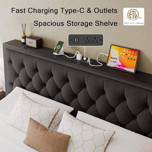 Einhomn King Size Bed Frame with 2 Storage Drawers, Metal Platform Bed with C...