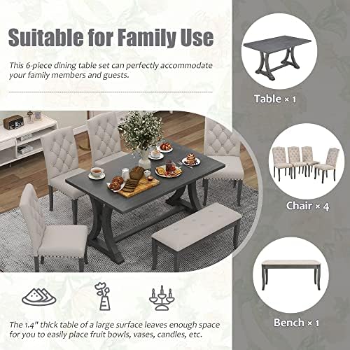 Merax 6-Piece Kitchen Dining Table Set, Farmhouse Dining Table Set with Recta...