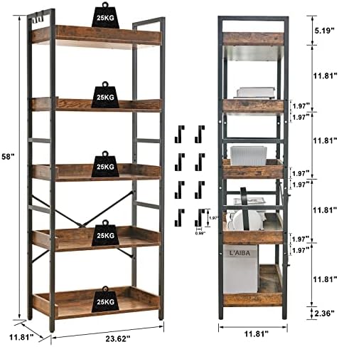 HCHQHS Adjustable 5 Tier Open Bookcase, Rustic Farmhouse Book Shelves, Indust...