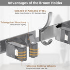 Broom Holder Over The Door Over Door Broom and Mop Rack Over The Door Hooks Organizer With4 Slots & 3 Hooks 1 Storage Basket For Laundry Room, Garage, Closet, Kitchen Decor (grey)