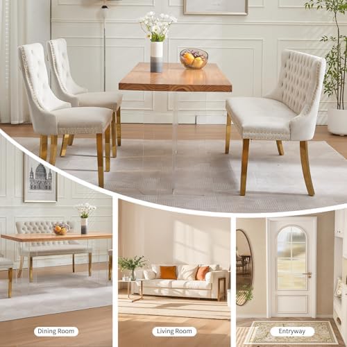 Beige Velvet Dining Bench with Back, Tufted Banquette Seating, Gold Legs | Up...